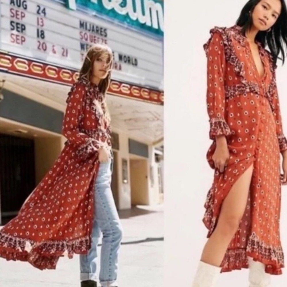 Free People Calico Skies Midi Dress Rust